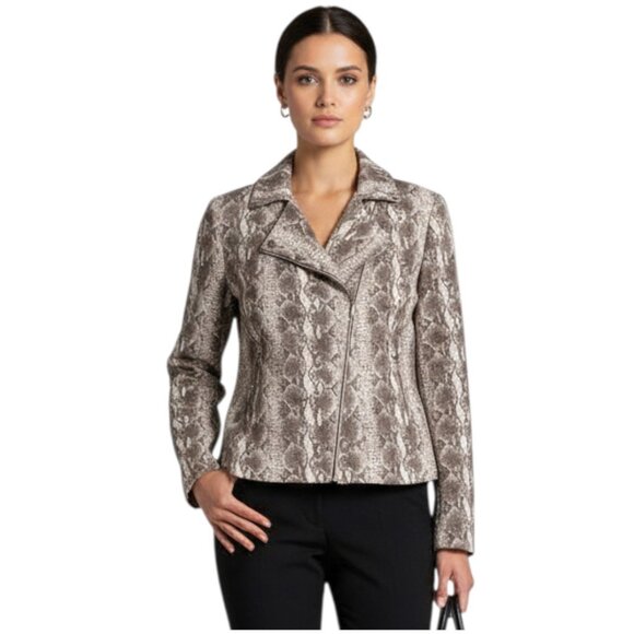 Doncaster Linen Blend Moto Jacket Wmn's Sz 16 Gray Brown Snakeskin print Blazer - Picture 4 of 16